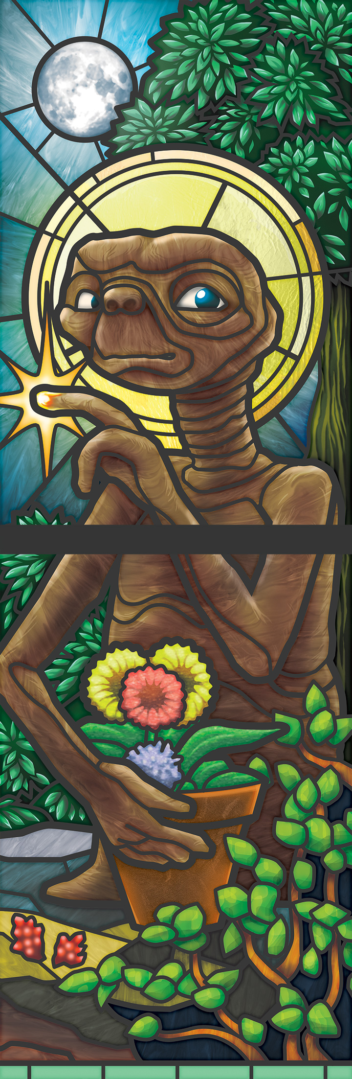 Heaven and Hell stained-glass illustration, panel 3 — E.T.